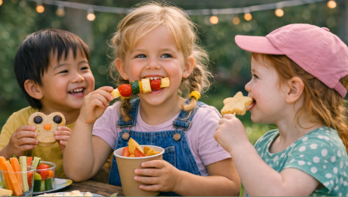 Three kids enjoying healthy snacks together at an outdoor table